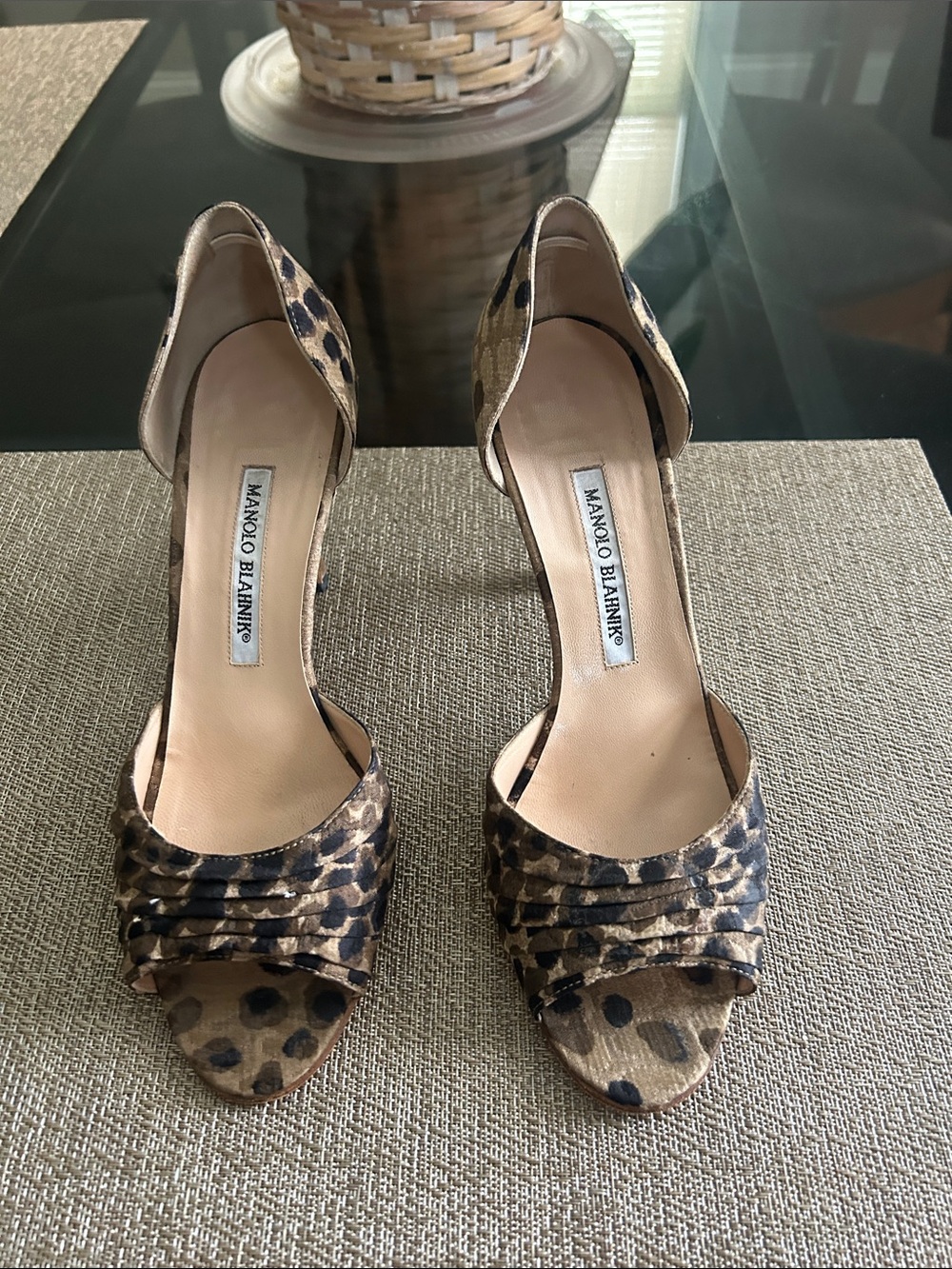 Manolo Blahnik Leopard Print D'Orsay Peep-Toe Heels - Tan and Black